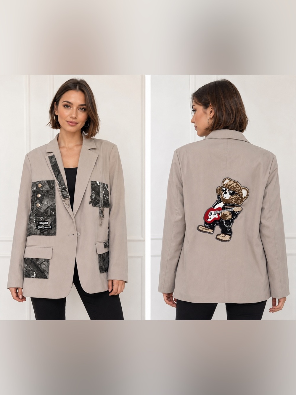Upcycled Beige Embroidered Teddy Patch back Blazer size 16